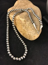 Native American 4mm Sterling Silver Navajo Pearls 20" Hook & Eye Cone Necklace