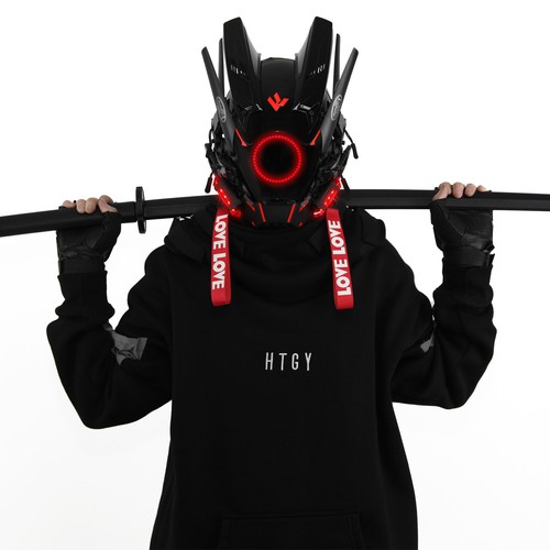 Futuristische Cybermaske mit LED-Leuchten für Cosplay und Techwear Mode - Bild 48 von 80
