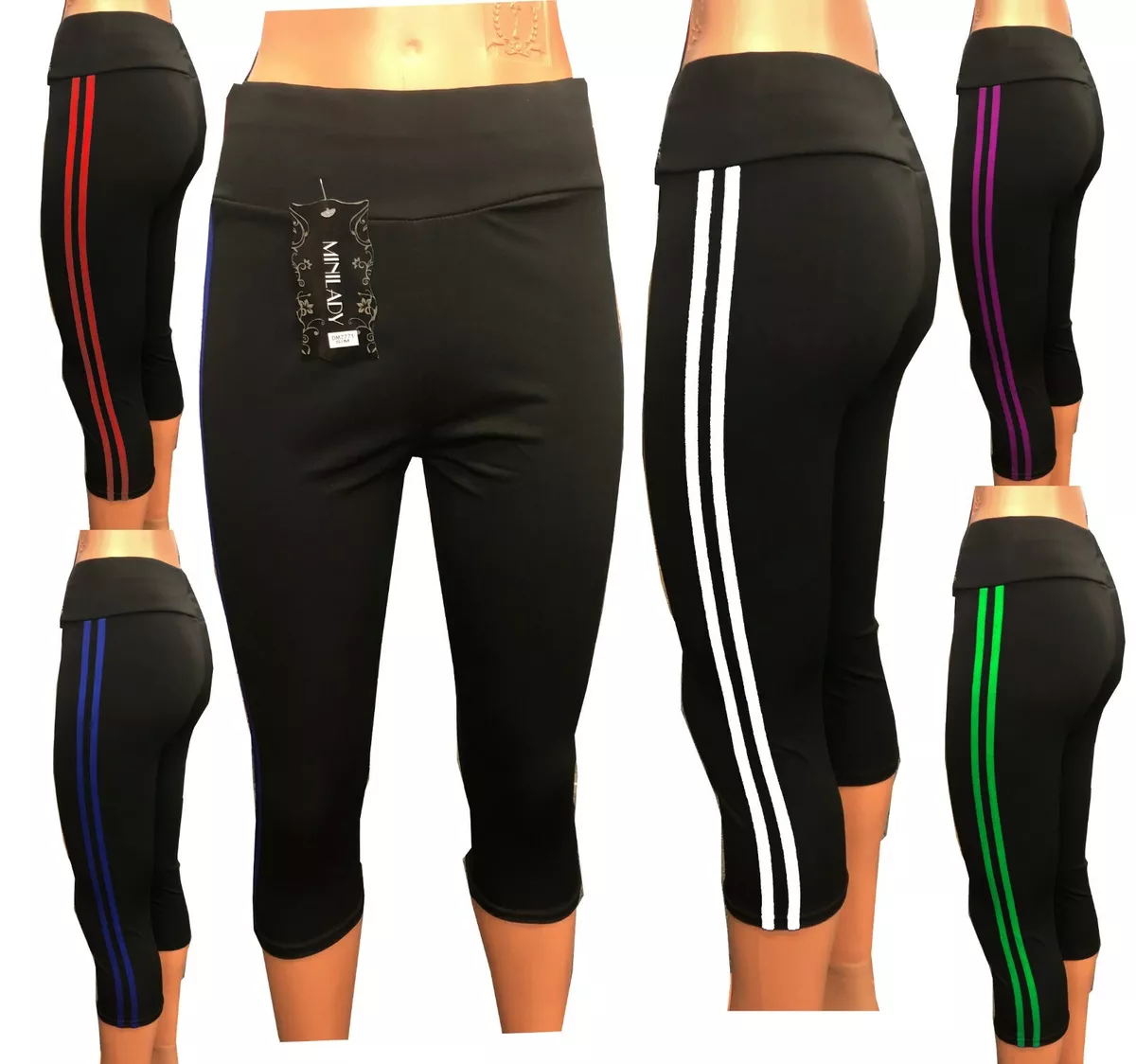 LADIES TWIN SIDE STRIPE CAPRI 3/4 SPORT LEGGING WOMEN GYM YOGA SHORT CAPRI  PANTS