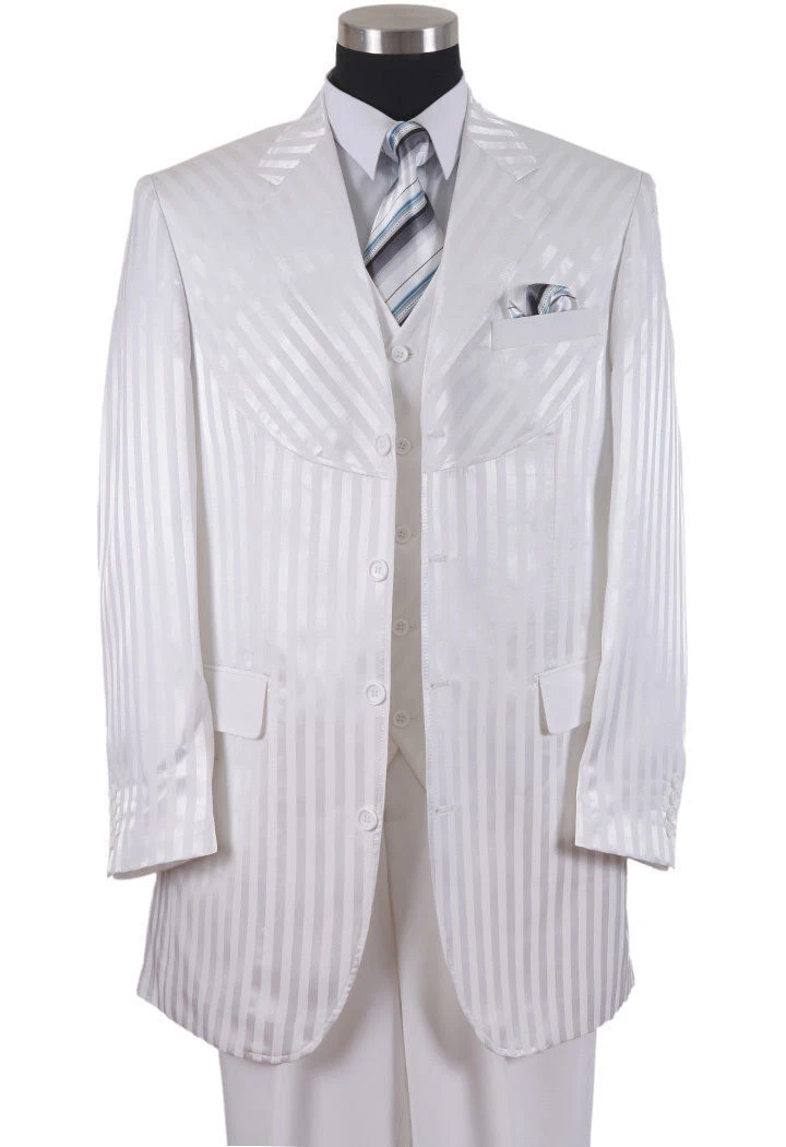 Men's 5 Button Suit w/Vest Elegant Tone on Tone White stripes Shiny Style 2915