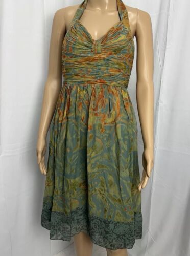 VTG Adrianna Papell 100% Silk Halter Dress Green Orange Boho Midi Sz 4 EUC