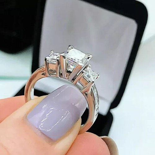 14k White Gold Finish 3-Stone Engagement Ring 2 Ct Princess Lab-Created Diamond - Picture 4 of 9