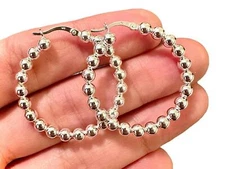 35mm Beaded Hoop Earrings 925 Sterling Silver for Women Lightweight Fine Jewelry