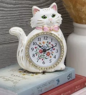 New!!! Small Cat Kitten Rhinestone Floral Clock