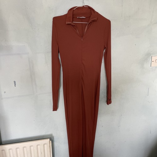 Glamaker Lucky Label Ribbed Jumpsuit Women S Rust Orange Stretchy Catsuit Layer