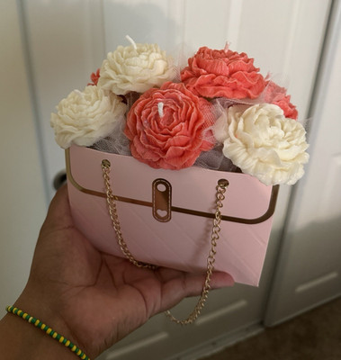 Pink Floral Box Clutch Handbag, Gold Chain Detachable Strap, Clasp, Small