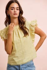 BiBi Cotton Solid Ruffle Sleeve Lace Detail Blouse Top - Creamy Yellow - Large
