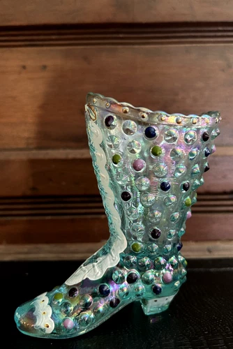 Vintage Aqua Blue Fenton Carnival Glass Hand Painted Hobnail Boot Shoe Signed