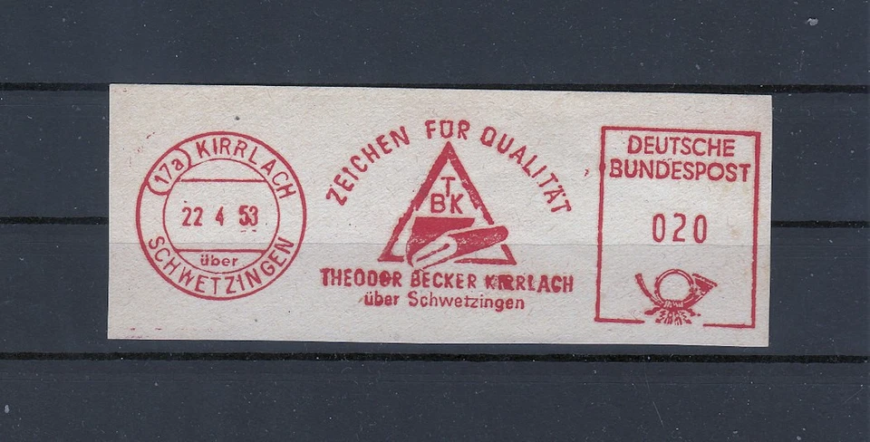 ZB39 Kirrlach 17a seltener Absenderfreistempel von 1953 Firma Becker - Bild 1 von 1