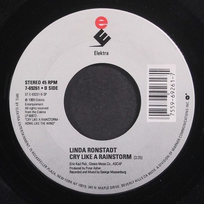 LINDA RONSTADT: don't know much / cry like a rainstorm ELEKTRA 7'' Single 45 RPM