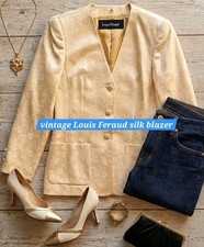 Vintage Louis F raud Paris Collarless Silk Blend Blazer Yellow Leaf Print Size 8