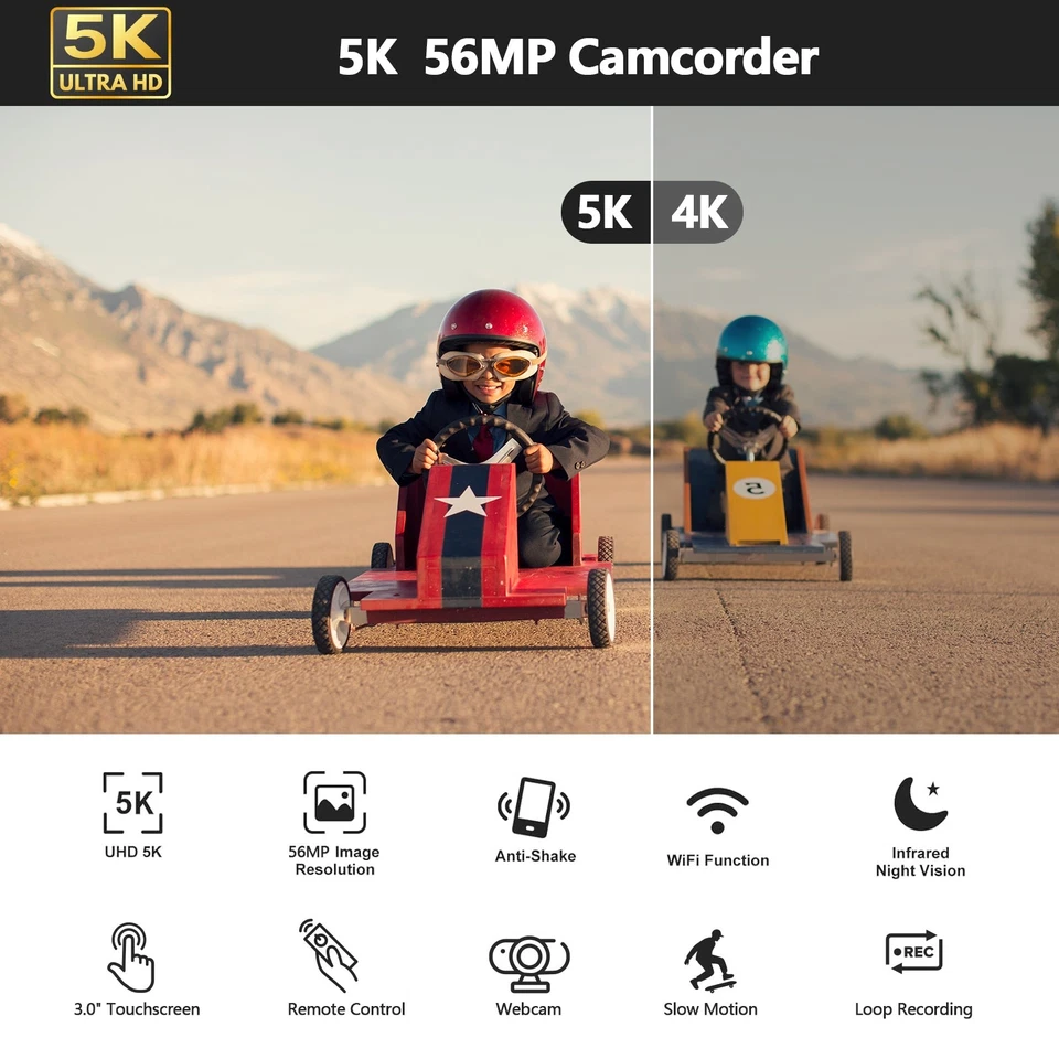 Video Camera 5K Camcorder 56MP WiFi IR Night Vision 16x Zoom 3” Touchscreen+64GB - Image 2 of 4