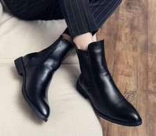Men Ankle Boots Slip On Pointed Toe Black Faux Leather Low Heels Casual Shoes