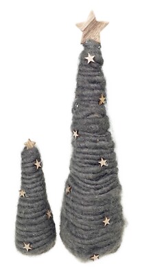 2 Wool String Christmas Trees with Stars Figurines Primitive 