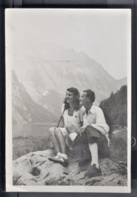 1947, Couple on a Mountain Hike, 9x13 cm, Black and White, Königssee