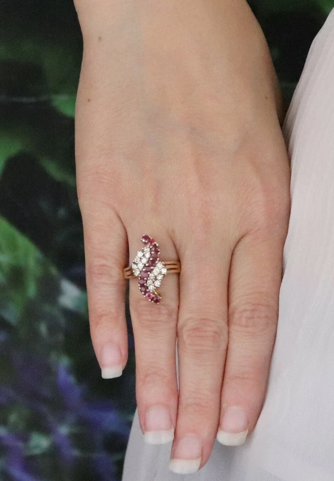 10k Yellow Gold Natural Ruby and Diamond Ring Size 6 3/4 Cluster Ring Waterfall - Image 2 of 4