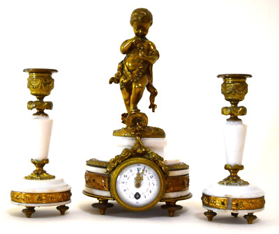 Pair Antique Brass Marble Candelabra Clock set Child Statue Figurine Cornucopia