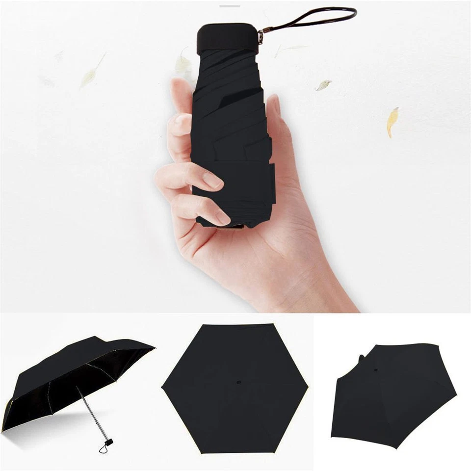 NUEVO Mini Cápsula Portátil Plegable Paraguas UV Parasol 6 Pliegues Paraguas + Estuche Lote Foto 2 de 4
