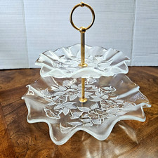 Vintage 2 Tier 10" Tall Cake Stand w/Gold Handle/12"  9" Clear  Frosted Glass.