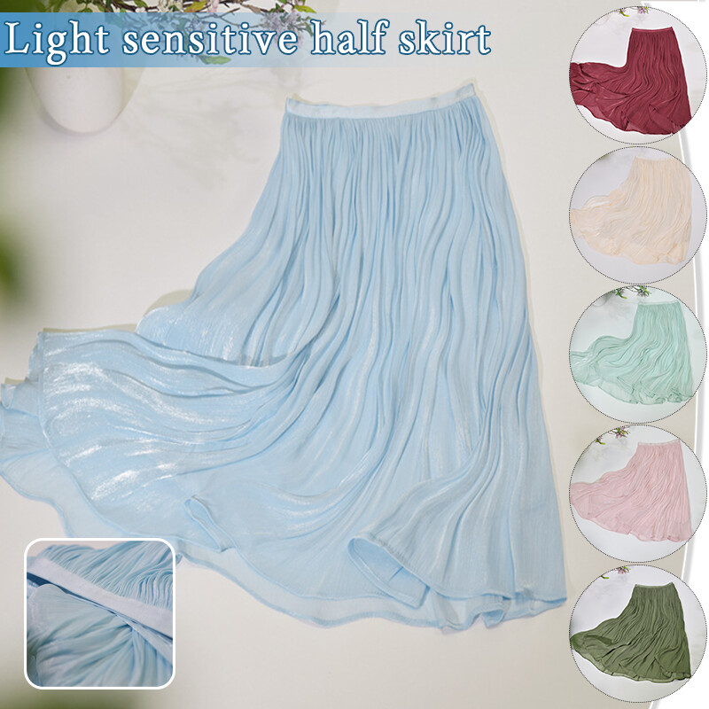Women Summer Glossy Thin Pleated Skirt Elastic Waist Pearl Luster