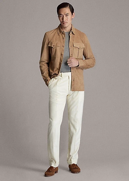 Men's Beige Suede Shirt Real Soft Sheepskin Suede Causal Overshirt - Image 3 of 4