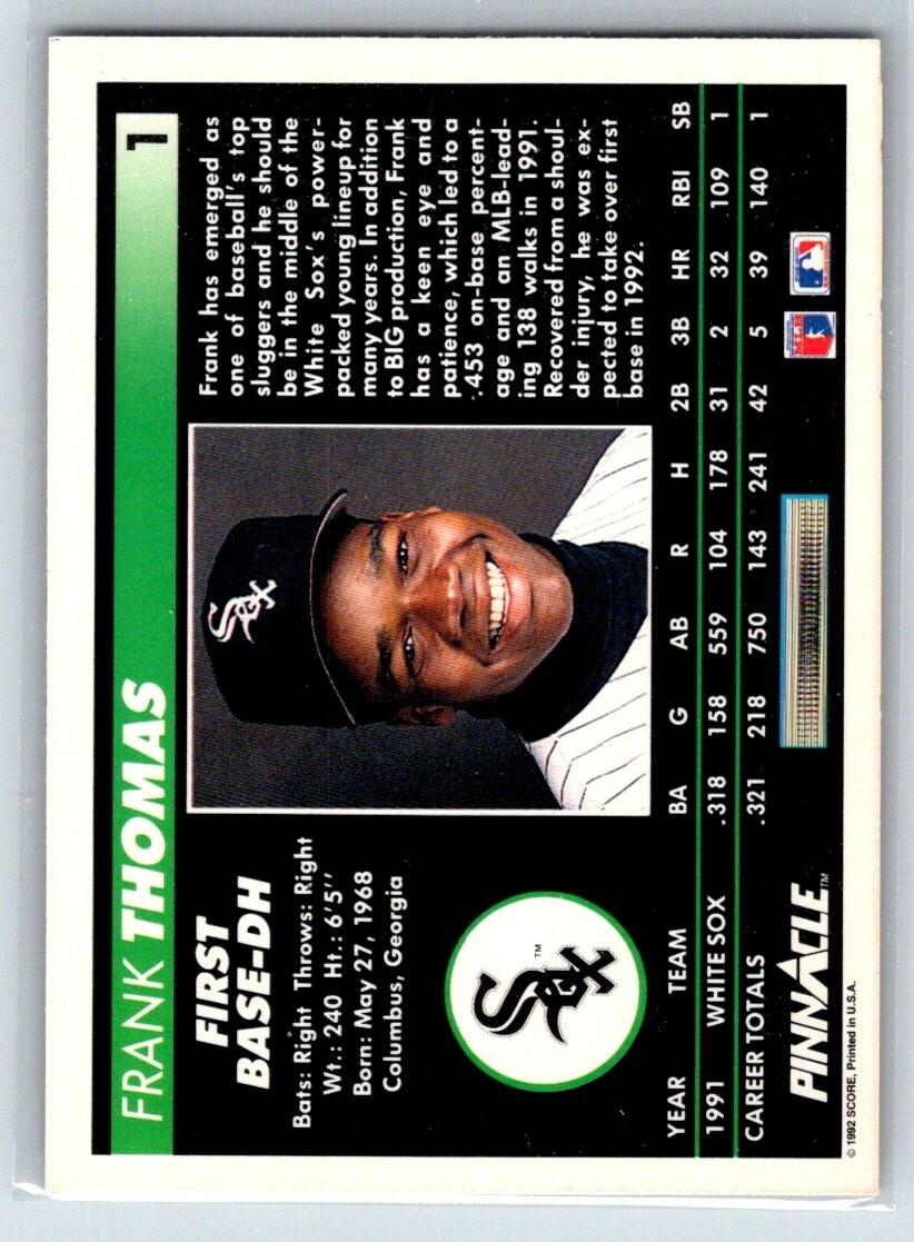 １９９２　Ｓｅｅ　Ｆａｒ　Ｍｉｌｅｓ　Ｔｏｕｒ　ｐａｒｔⅠ FRANK THOMAS 1992 Pinnacle #1 FREE SHIPPING C575 | eBay