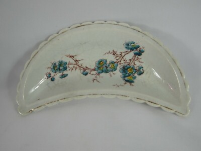 Crescent Bone Dish Blue Floral Design Scalloped with Gold Edge Vintage
