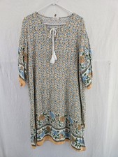 HALIFE Boho Greens Blues Floral Pull Over Rayon Thin Dress. Ladies 2XL.