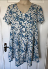 SHEIN Blue Floral Smock Dress XL 16 Button Up V-Neck Short Sleeve Boho Tea Mini