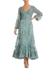 Mac Duggal V-Neck Mech Puff Sleeve A-Line Embellished Dress Women's
