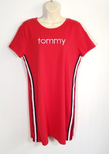 Tommy Hilfiger Women Sz L Red T-shirt Dress Embroidered Logo Side Stripes Cotton