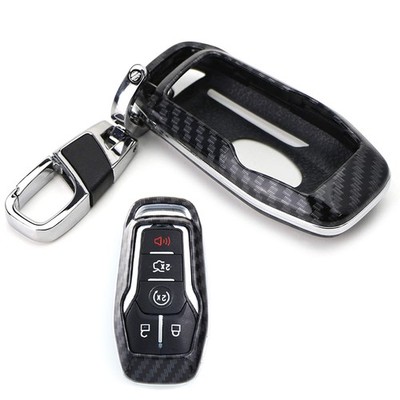 Black Glossy ''Carbon Fiber'' Pattern Key Fob Shell w/ Keychain For Ford Lincoln