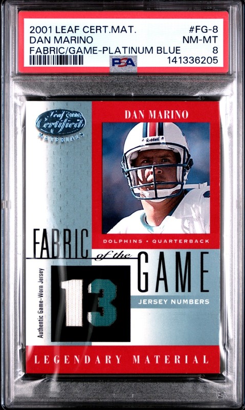 2001 Leaf Cert Mat Fabric of the Game Platinum Blue #8JN Dan Marino 5/13 PSA 8