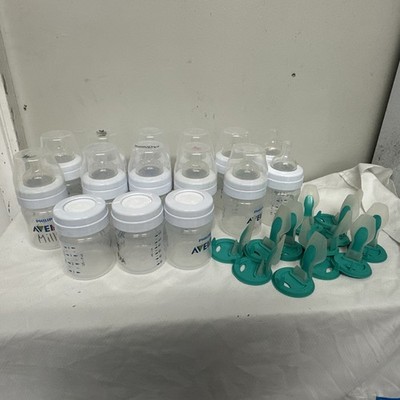 Lot of 15 4oz Philips Avent Clear Plastic Baby Bottles Lids Nipples Covers