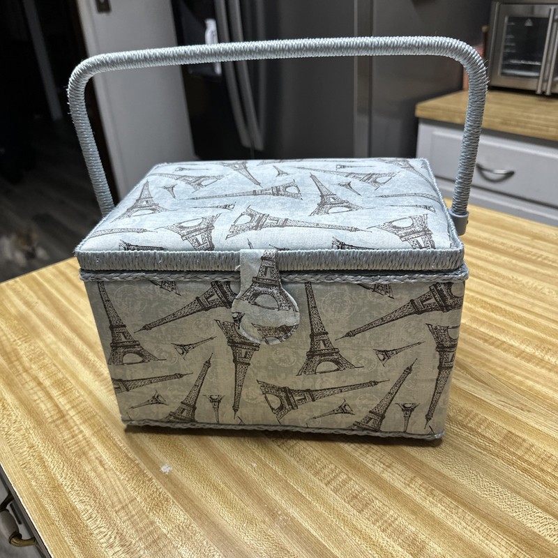 Sewing Supplies Caddy Box Basket Quilted Footed Blue Grey Eiffel Tower Print