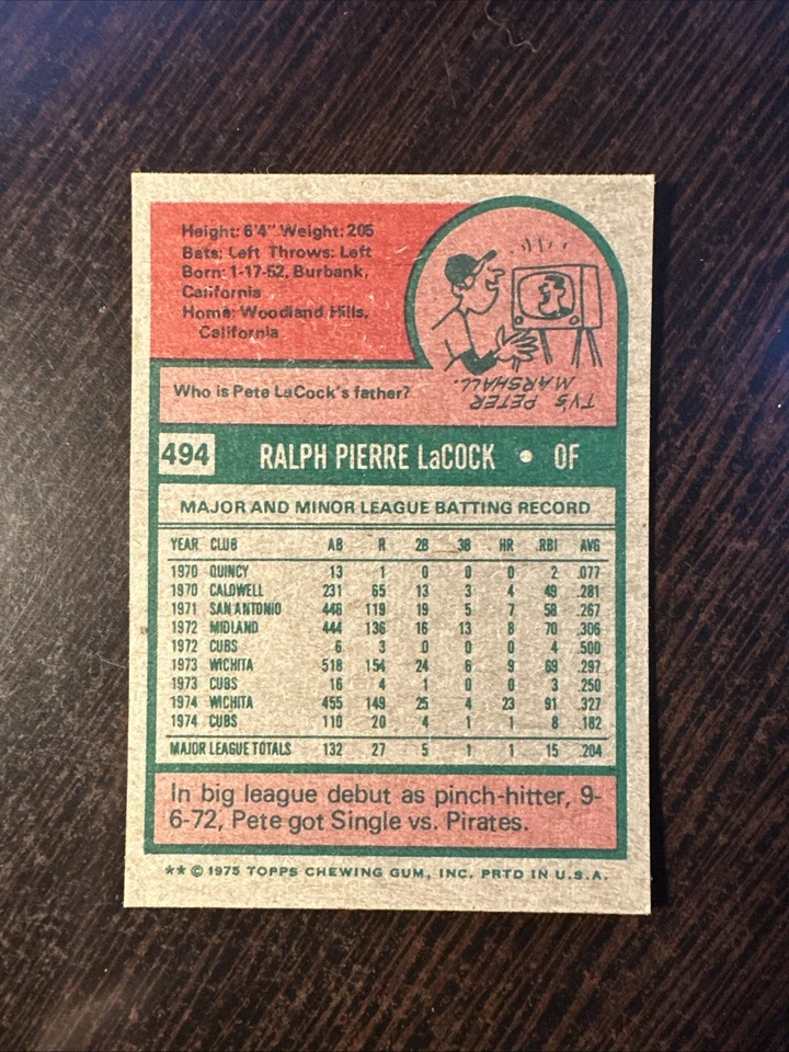 1975 TOPPS MINI #494 PETE LaCOCK RC CHICAGO CUBS NM *Hot Corner Vintage* A - Image 2 of 2