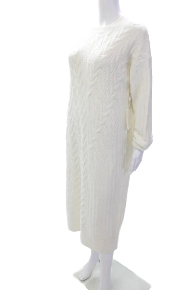 Nordstrom Womens Cable Knit Crew Neck Long Sleeve Sweater Dress White Size L - Image 2 of 4