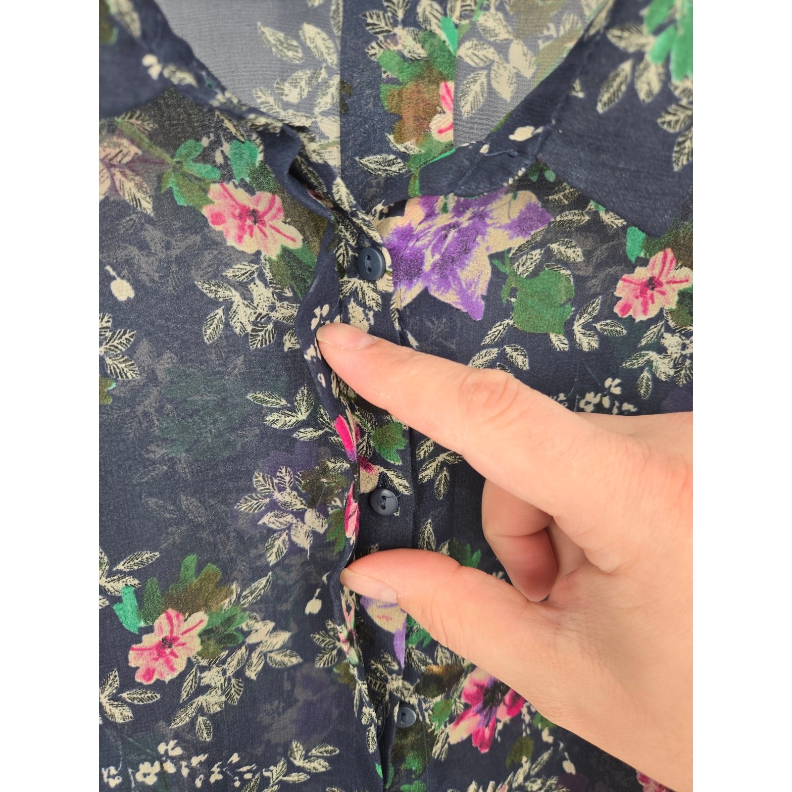 Zara Basic Navy Floral Button Front Semi Sheer Bl… - image 6