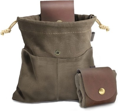Foraging Pouch Leather Canvas Collapsible Bag Water Resistant 8.66'', Green 