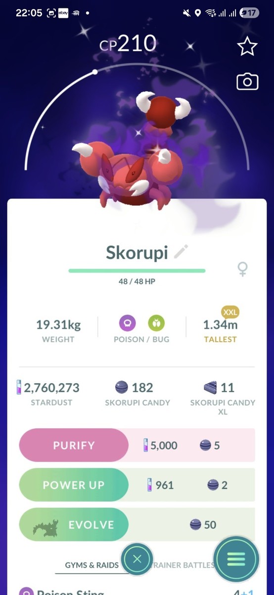 Shiny Shadow Skorupi ( XXL ) Pokemon Tr@de Go | eBay Shiny Shadow Skorupi ( XXL ) Pokemon Tr@de Go | eBay