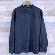 Worth NY Wool Laser Cut Out Button Down Shirt Black Stretch Womens Large FLAW