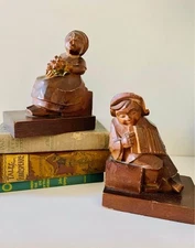 Antique Art Deco Black Forest carved wooden Bavarian Couple Bookend