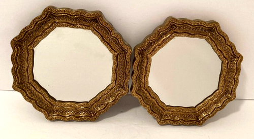 Vintage Pair Accent Wall Mirrors Plastic Gold Filigree Homco Octagon 6.5"x6.5" - Picture 11 of 13