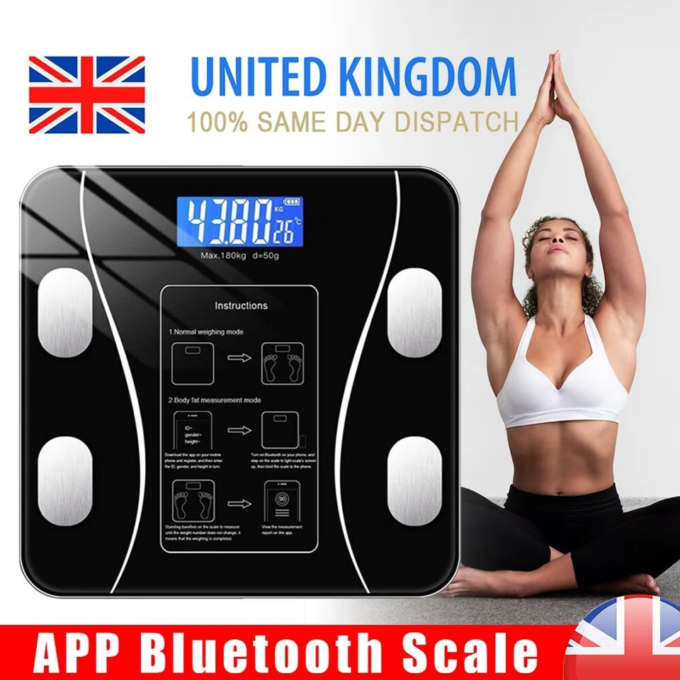 BRITNOVA Digital Bathroom Weighing Scale Bluetooth Body Fat Monitor Yoga BMI Analyser UK