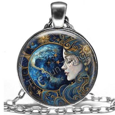 Celestial Starry Night Sun Earth Necklace Pendant & 24'' Oval Link Chain