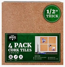 Wall Cork Tiles - 4 Pack Square 12" X 12"  1/2" Thick Cork Boards Ultra New