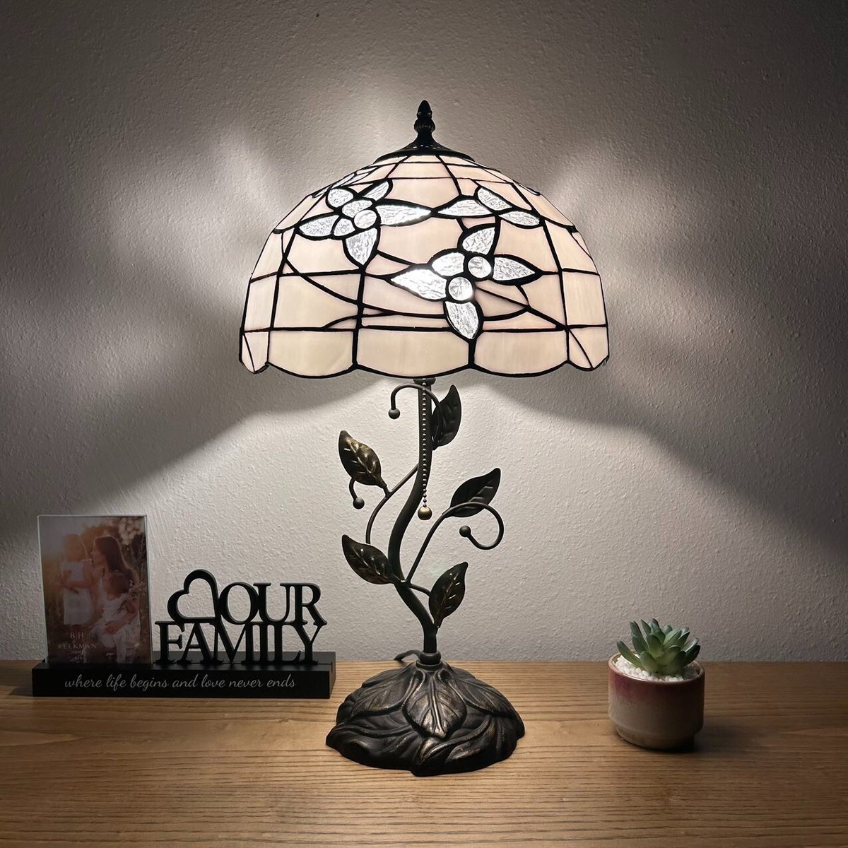 Tiffany Style Table Lamp White Stained Glass Flowers LED Bulb