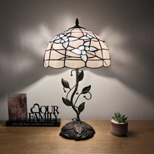 Tiffany Style Table Lamp White Stained Glass Flowers LED Bulb Included H22  W12  