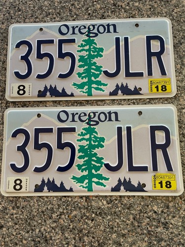 2018 Pair Oregon License Plate Tag 355 JLR Douglas Fir Mountains