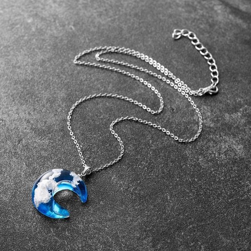 Blue Crescent Moon Resin Pendant Necklace Cloud Design Women’s Jewelry Gift - Picture 2 of 5
